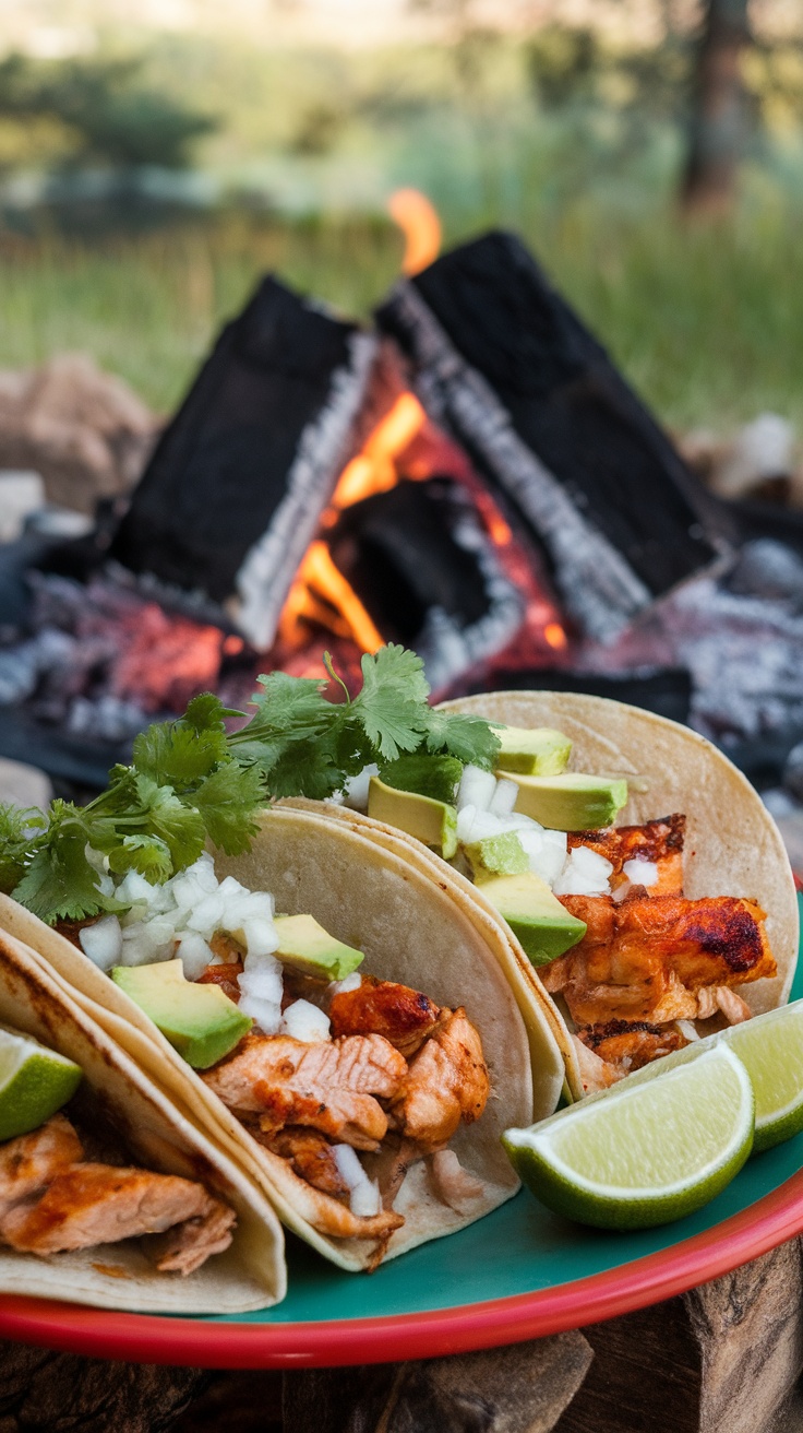 Grilled chicken tacos with cilantro and lime, served with fresh toppings, on a picnic table by a campfire.